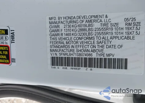 2025 Honda Odyssey Sport-L from USA, damaged, VIN 5FNRL6H71SB074986